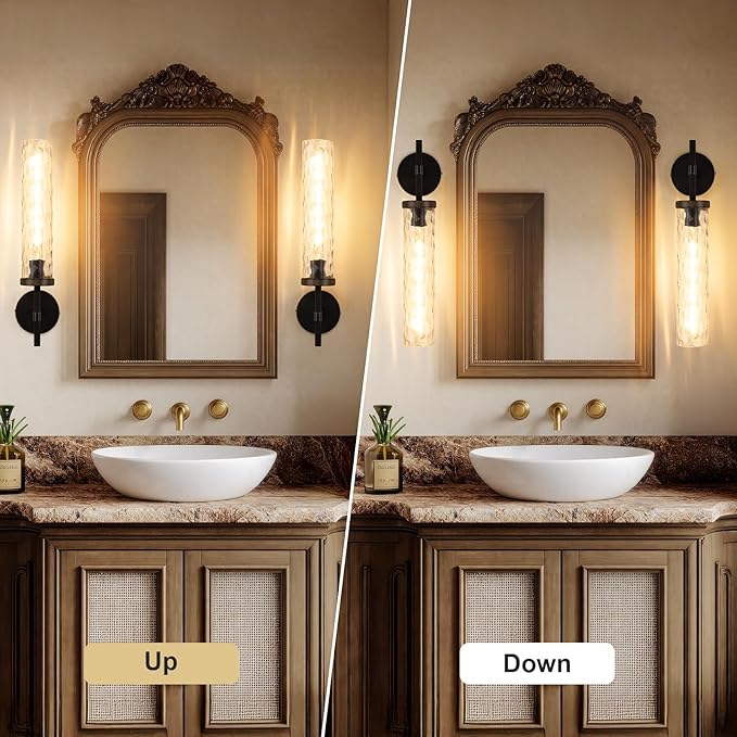 19.5" Knurled Brass Wall Sconce with Water Ripples Glass Tube, Black Gold Bathroom Vanity Light Fixtures, Modern Lamp Lighting for Bedroom, Living Room, Hallway, Staircase, Mirror, Kitchen