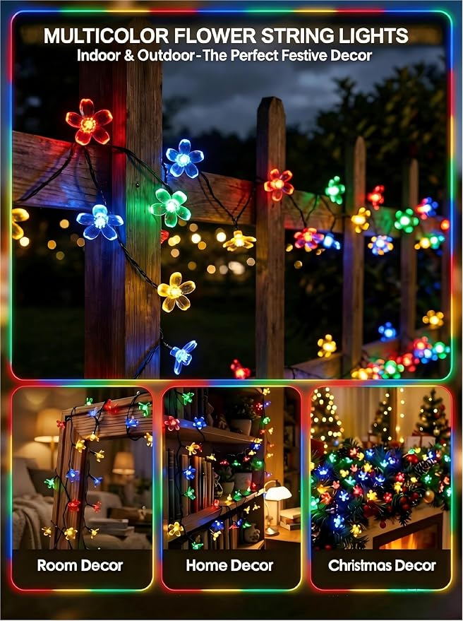 ITICdecor 2 Pack 50 LED Solar String Lights Outdoor Waterproof Flower Solar Lights for Garden Yard Fence Patio Christmas Tree Wedding Party Decor(Multicolor)