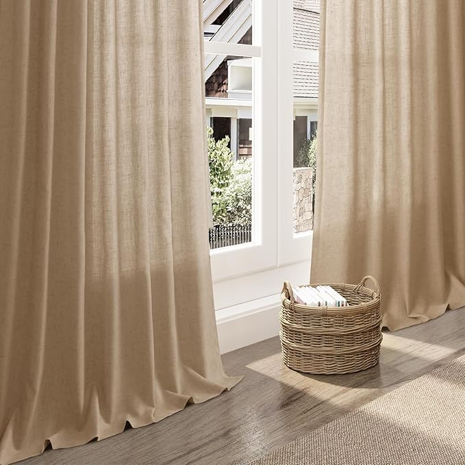 Sand Beige Linen Curtains 80 Inch Length for Living Room Simple Modern Light Filtering Semi Sheer Curtain Back Tab Rustic Farmhouse Luxury Home Decor Drapes for Bedroom Dinner Room 52x80, 2 Panels