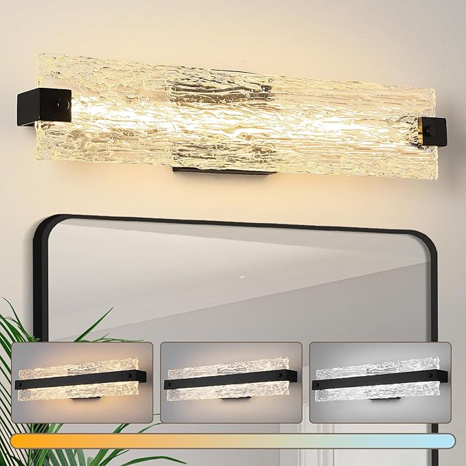 Black LED Bathroom Vanity Light, 24.4 Inch 15W Modern Dimmable Bathroom Light Fixture Over Mirror, Crystal Bar Wall Sconce Lighting for Bath, 3CCT, OS-MM5001-3BK