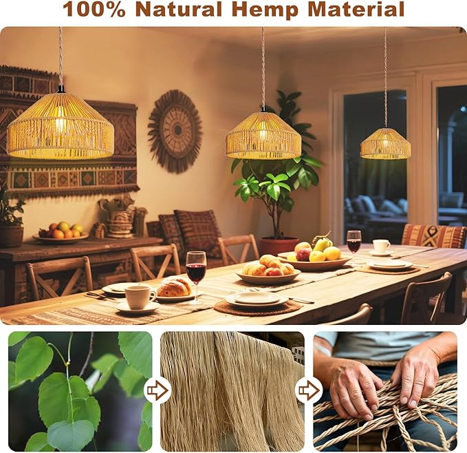 Maliralt Hanging Lamps Rattan Pendant Light Hanging Lights 16.4ft Plug in Cord Pendant Light Fixture Plug Into Wall Outlet Pendant Lighting with On Off Switch for Bedroom Living (Mongolian Yurt)