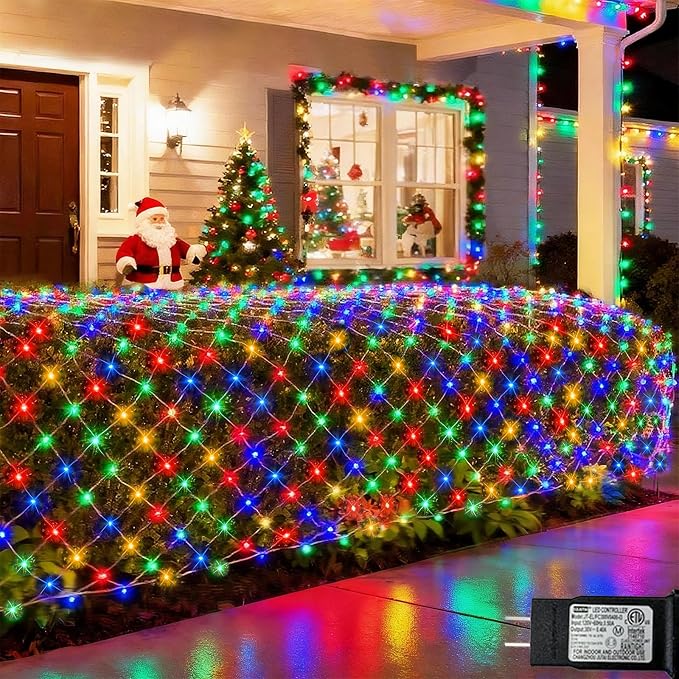 Pooqla Christmas Net Lights, 300LED Outdoor Mesh Light 14.8x4.9 ft Fairy String Mesh Light 8 Modes Green Wire, Connectable Waterproof for Bushes Tree Garden Christmas Decor, Colorful