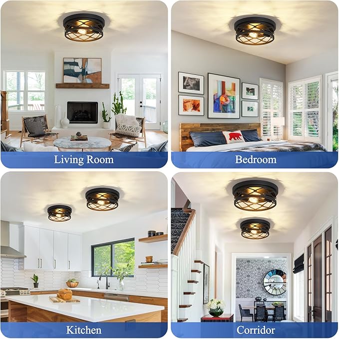 2 Pack Flush Mount Ceiling Light,Black 2-Light Hallway Light Fixtures Ceiling for Kitchen Entryway Bedroom Hall,E26 Base