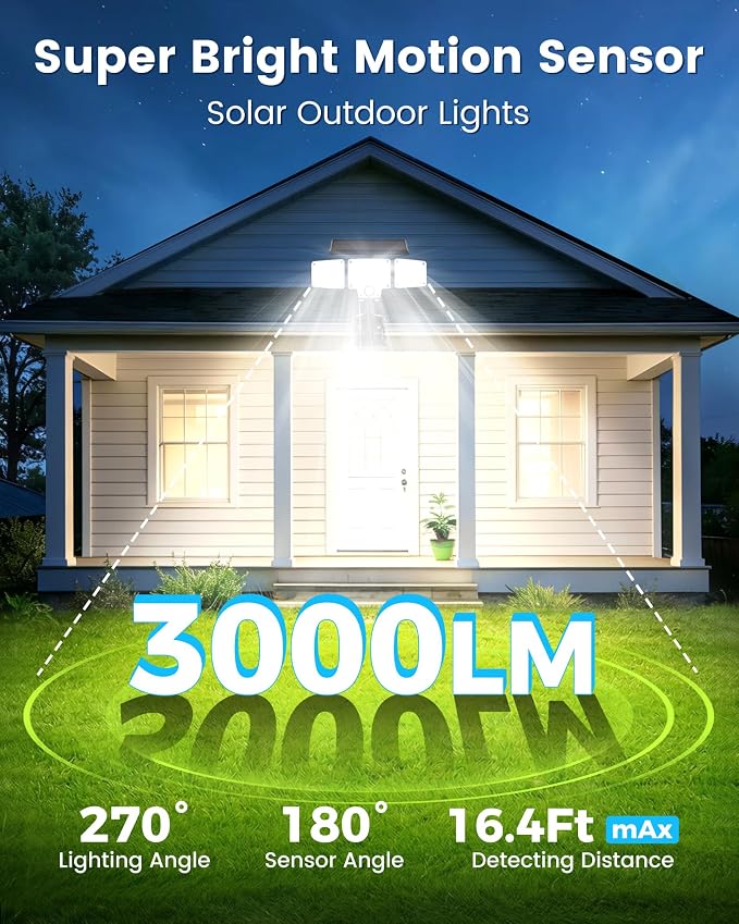 LUHLEE Clip On Solar Lights Outdoor, 275 LED 3000LM Solar Motion Lights with Remote Control, 3-Head Security Lights, IP65 Waterproof Solar Flood Lights for Deck, Garage & Outdoor Area Lighting (2)