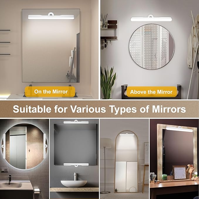 Benreom 2 Pack Wireless Vanity Lights for Mirror, Rechargeable Battery Operated Makeup Light, Adjustable Color Brightness & Angle Light Bar, Magnetic Stick on LED Lighting Bathroom Decor Accessories