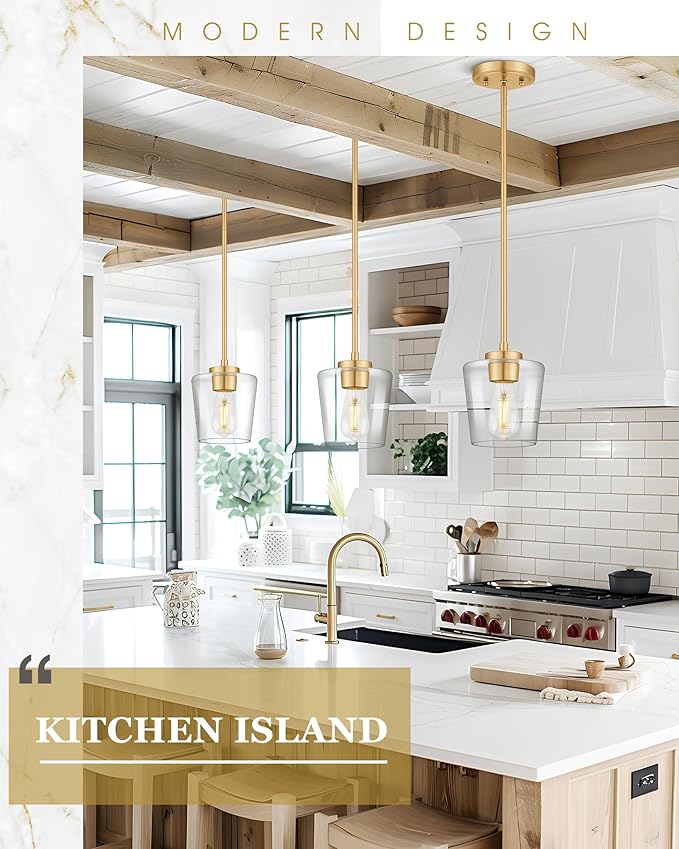 Pendant Lights Kitchen Island 2 Pack, 6" Brushed Gold Hanging Lights Fixtures with Clear Glass Shade, Modern Brass Kitchen Pendant Lighting Over Island for Dining Room, AD-22004-1P2-GD-C