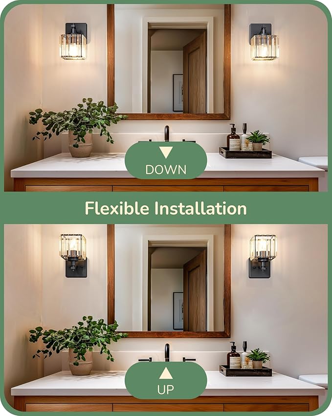 EDISHINE Hardwired Bathroom Light Fixtures, Modern Wall Sconces Set of Two, Crystal Bathroom Vanity Llight, Indoor Lighting Fixtures Over Mirror, Black Wall Lamp for Bedroom