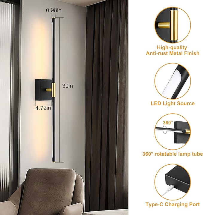 Morauroral 30 Inch Battery Operated Wall Sconces Set of Two, Dimmable Wall Sconces with Remote Control, Black Gold Rechargeable Sconces, LED Sconce Wall Light for Bedroom, Living Room, Bathroom