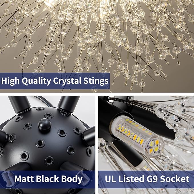 CM MZY Black Semi Flush Mount Ceiling Light Fixture, Modern Crystal Sputnik Firework Ceiling Lights, 6-Light Close to Ceiling Lighting Fixtures for Bedroom Kitchen Hallway Entryway Closet(Matt Black)
