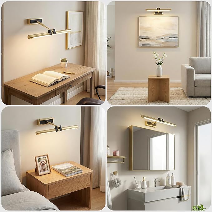 Brass Picture Light for Wall - 21inch Dimmable & Rechargeable Art Light with Single Swing Arm, 25H Light Time, Angle Adjustable, 3 Color Temperatures Timer - Perfect for Paintings and Home Decor