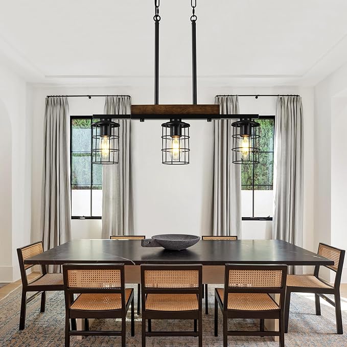24" Farmhouse Kitchen Light Fixture, Black Hanging Kitchen Chandelier, 3-Light Rustic Dining Room Light Adjustable Height with Wood and Metal Frame, Suit for Farmhouse, Industrial Style