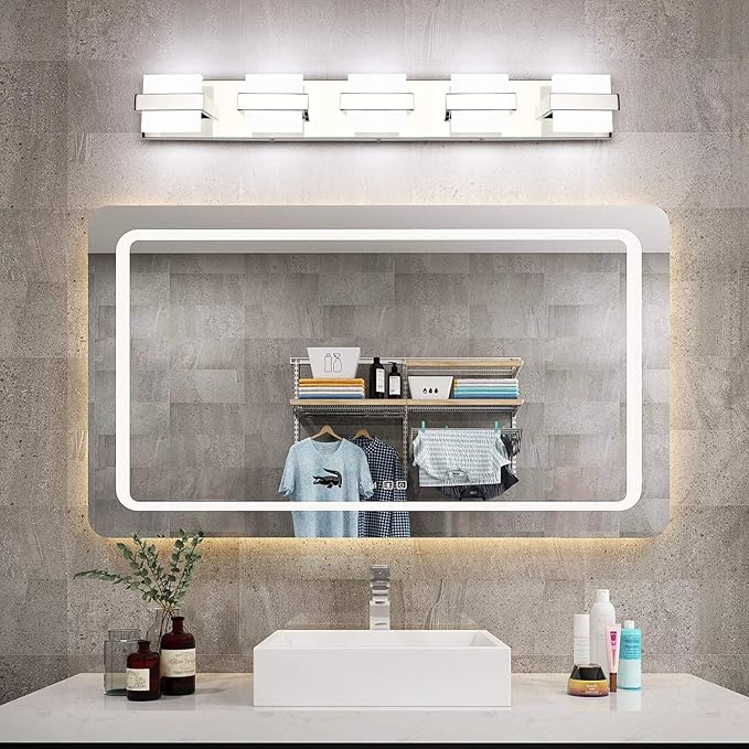 SOLFART Chrome 5 Light Bathroom Vanity Lights Over Mirror, Modern Chrome Bathroom Light Fixtures LED Lights Dimmable