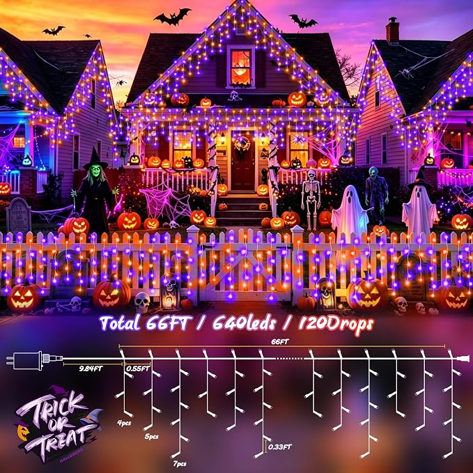 XURISEN 66ft Christmas Lights Decorations Outdoor, 640 LED 8 Modes Curtain Fairy Lights with 120 Drops,Plug in Waterproof Timer Memory Function for Christmas Holiday Wedding Party Decor(P+O)