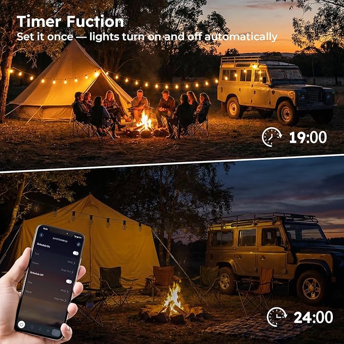 GvvooHome 100FT S11 LED Outdoor String Lights with App & Remote, Low-Voltage Patio Lights with Music Sync, 4 Lighting Modes, Dimmable, Waterproof LED Lights for Backyard, Porch, Garden, Deck, Party