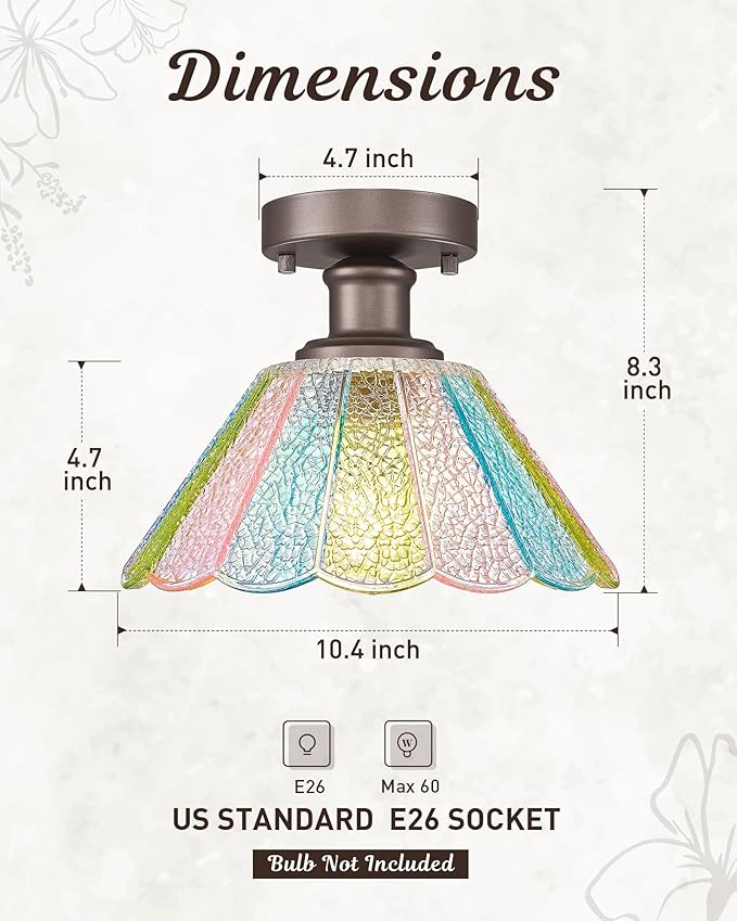 10 Inch Semi Flush Mount Ceiling Light Fixture, HWH Rustic Ceiling Light Fixture for Hallway Entryway with Colored Floral Glass, Oil-Rubbed Bronze Finish, 5HJX110F ORB-C
