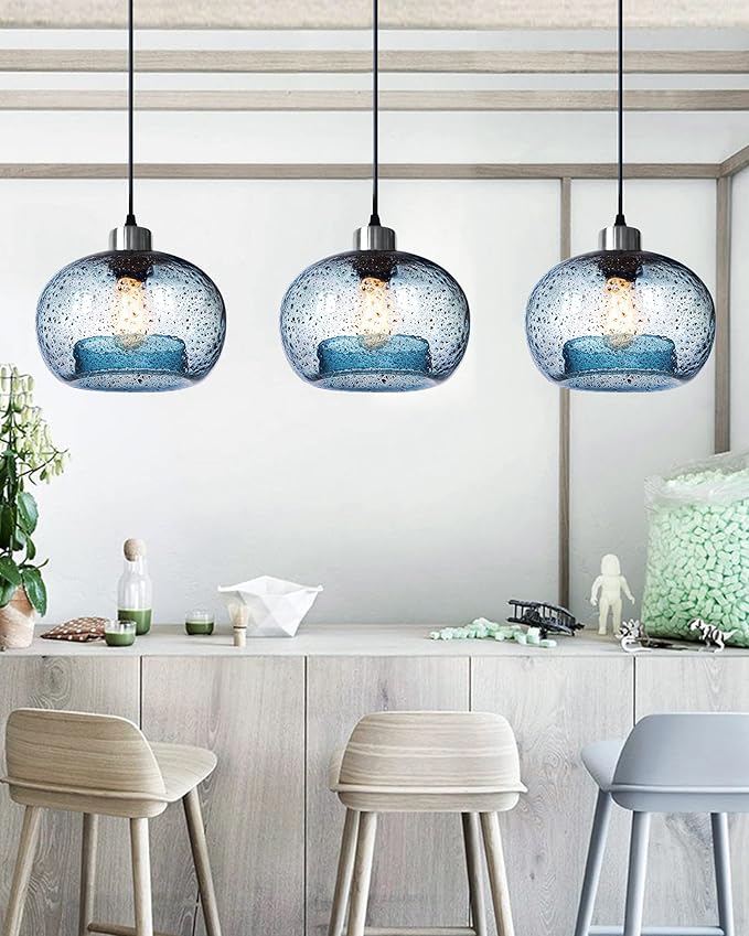 CASAMOTION Pendant Lighs Kitchen Island Hand Blown Glass Marble Blue Color Modern Rustic Style Ceiling Hanging Light Fixtures Dining Room Brushed Nickel 8.7 Inch Diam 2 Pack