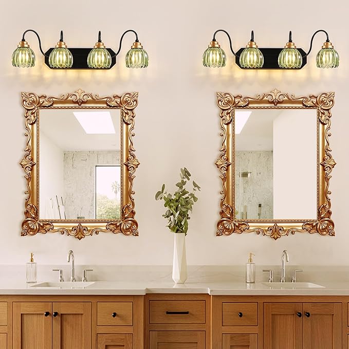 Vintage Bathroom Vanity Light, 4 Light Bathroom Lighting Fixtures Over Mirror, Mid Century Style Farmhouse Light Fixtures with Green Glass Shades, Black Finish Wall Mount for Bedroom , Living Room