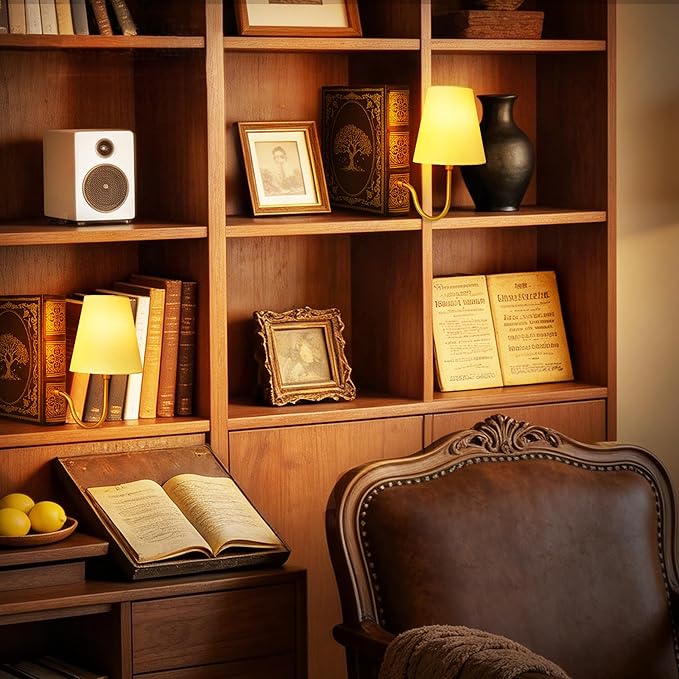 AELS Vintage Bookshelf Lamp with Bulb, Table Lamp with Linen Shade, 3-Color Dimmable Touch Control, Modern Farmhouse, Book Sconce for Office Home Bedroom Bookshelf, Tree of Life Brown & Gold