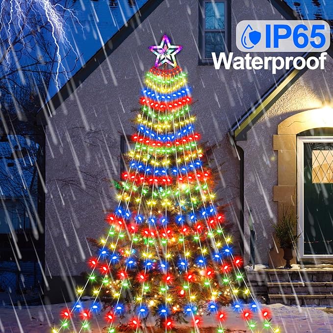 Christmas Decorations Star Lights Outdoor, 11.48ft 350 LED Waterfall Tree Lights with 8 Modes Timer Remote Christmas Lights Plug in for Indoor Yard Patio Home Holiday Party Decor, Multi-Color