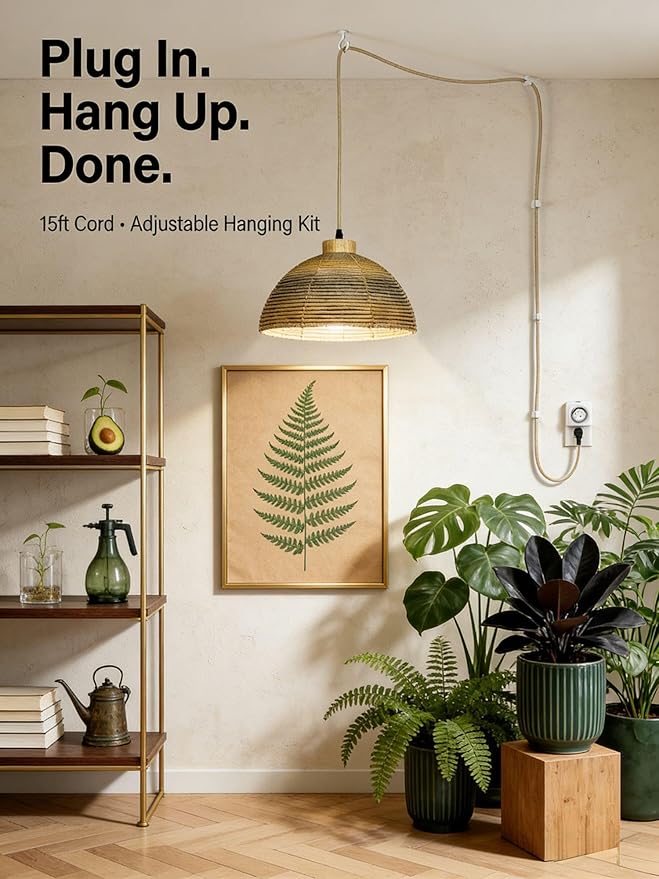 40W Boho Rattan Hanging Grow Light, Full Spectrum Pendant Light for Indoor Plants, 15ft Plug-in Cord & Mechanical Timer, Wabi-Sabi Decor for Monstera, Fiddle Leaf Fig & Tall Plants