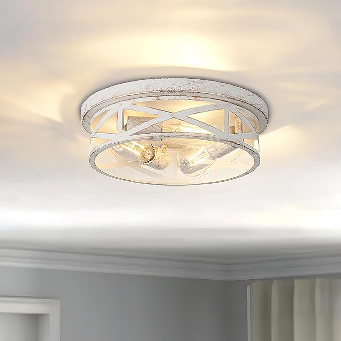 3-Light Cage Ceiling Light Fixtures, Indoor Modern Close to Ceiling Lights, 13 Inch White and Gold Metal Flush Mount Ceiling Lights for Bedroom, Living Room, Kitchen
