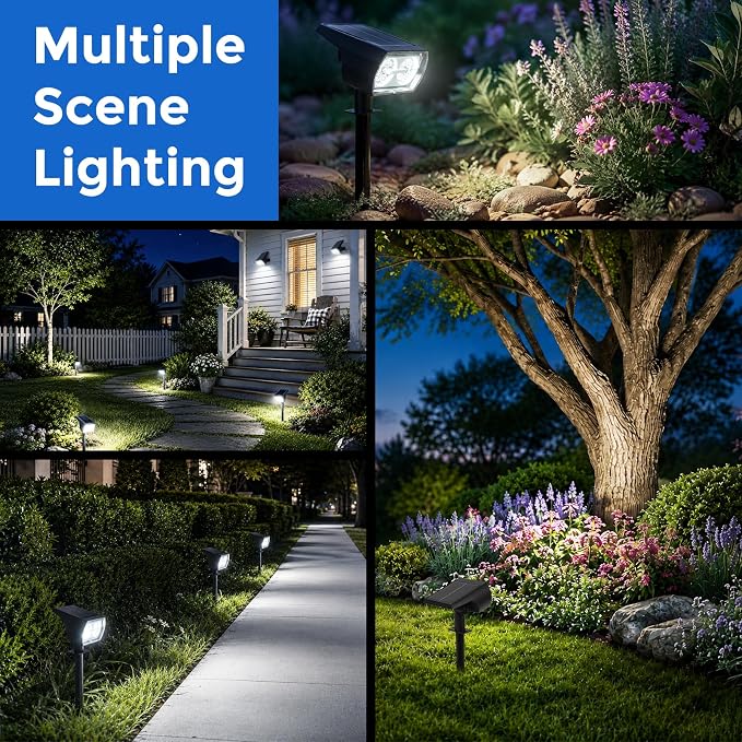 Solar Lights Outdoor Waterproof, 4 Pack 60 LED Solar Spot Lights Outdoor, Dusk to Dawn Light Sensor, 3 Lighting Modes, IP65 for Outside Pathway Yard Garden and Landscape（Cool White）
