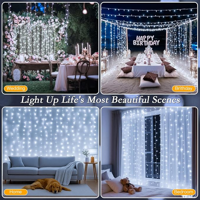 300 LED Cool White Curtain String Lights 9.8x9.8FT Plug in Fairy Lights with 9 Hooks Dimmable Timer & 8 Modes IP44 Waterproof Bedroom Office Wall Wedding Backdrop Christmas Indoor Outdoor Decor