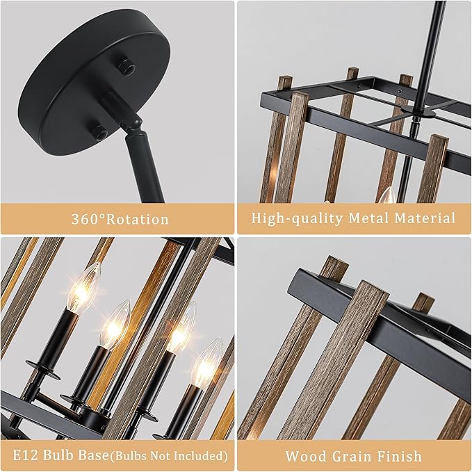 4-Light Farmhouse Chandelier Faux Wood Chandeliers Dining Room Light Fixture Adjustable Rustic Cage Pendant Light Fixtures for Kitchen Island Entryway Bedroom