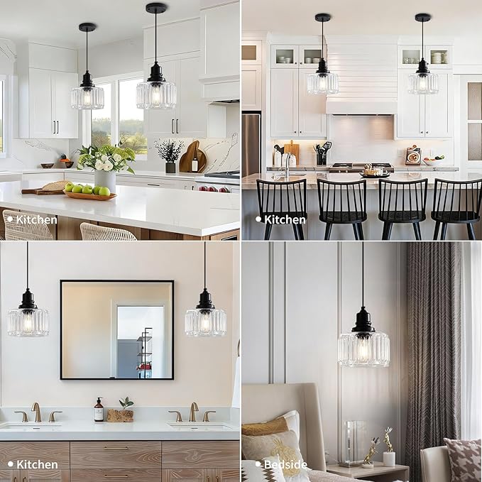 Vintage Pendant Lights Kitchen Island, Glass Kitchen Pendant Lighting Over Island, Farmhouse Pendant Light Fixtures for Kitchen Island, Bathroom, Bedroom, Dining Room, 2 Pack
