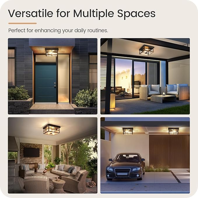 Infrared Sensor Outdoor Ceiling Light, Flush Mount Motion Sensor Ceiling Light, 2-Light Farmhouse with Bubble Glass, Bulbs Not Included, 4 Modes, for Porch, Garage, Hallway, Patio,FQ08XD05W1