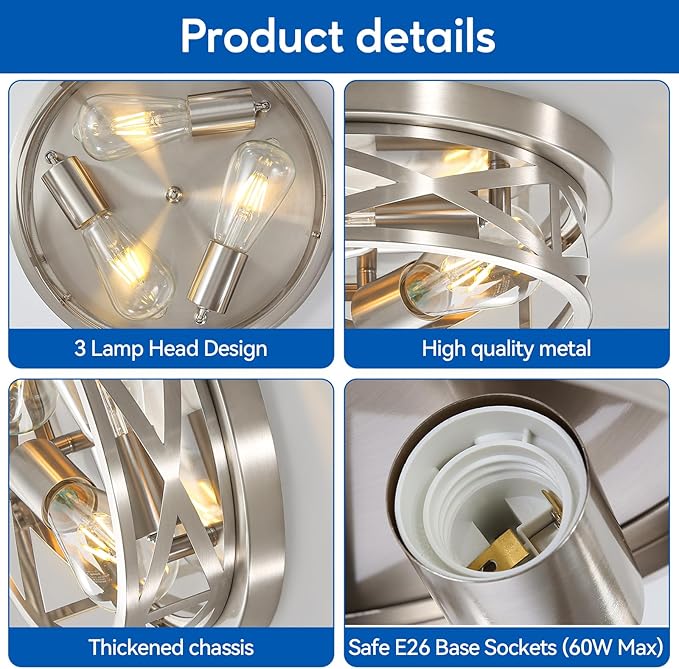 13 Inch Brushed Nickle Flush Mount Ceiling Light Fixture, 2-Pack Metal Cage Close to Ceiling Lights, Modern E26 Base Indoor Kitchen Ceiling Lights for House Hallway Bedroom Living Room Hallway