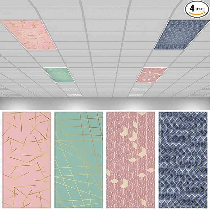 QOUBAI 4PCS Fluorescent Light Covers, 4x2 Feet Magnetic Light Cover Fluorescent Lights Shade Panel Positive Inspirational Ceiling Lights Filters for Office Classroom Home Drop Ceiling Geometric
