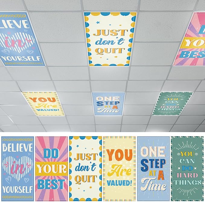 6 Pcs Fluorescent Light Covers with 60 Magnets for Classroom Ceiling Light Decor 4 x 2 Feet Magnetic Light Covers Filter Easy Install for Office Hospitals & Home Drop Ceiling Supplies(Inspirational)