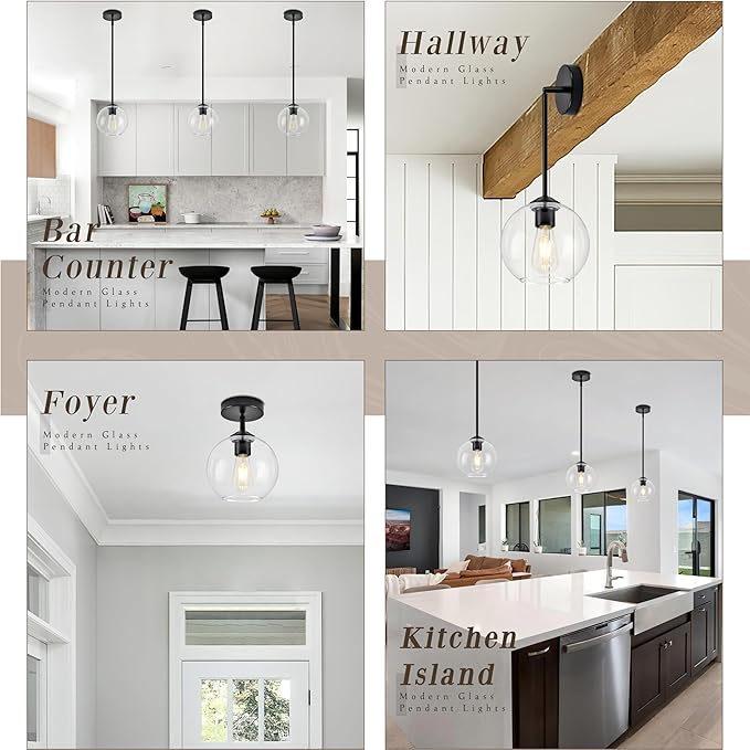 7 Inch Matte Black Modern Pendant Lights Kitchen Island Mid Century Modern Pendant Light Fixtures with Clear Glass Globe Modern Hanging Pendant Light for Bathroom Bedroom （Bulb Incl）