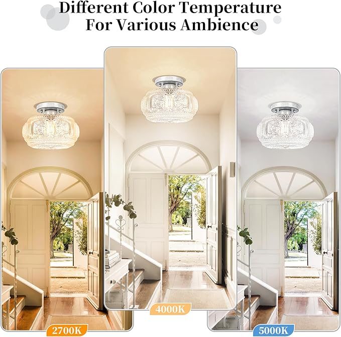 Semi Flush Mount Ceiling Light, Globe Glass Ceiling Light Fixture, Brushed White Oak Modern Lighting for Hallway Bedroom Entryway Kitchen Porch, Bulb Not Included