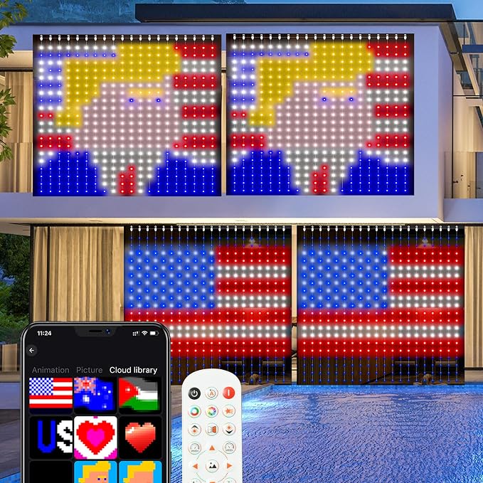 Smart Curtain Lights 400 LED, Color Changing American Flag Fairy Lights with APP & Remote 6.6 x 6.6 FT, DIY Waterproof Decor for Bedroom Backdrop Outdoor 4th of July Halloween Christmas