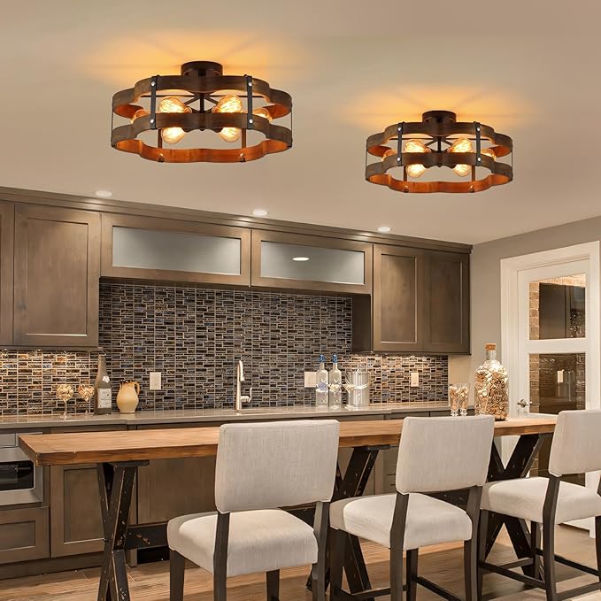 6-Light Rustic Farmhouse Wood Flush Mount Ceiling Light Fixture 20 inch Oak Wood and Metal Cloud Cage Semi Flush Mount Ceiling Light for Hallway Entry Dining Farmhouse Bedroom Living Room, Black