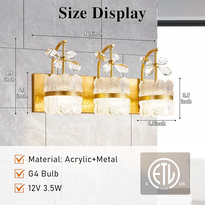 Bathroom Lights Over Mirror - Makeup Lighting Gold - Bathroom Vanity Light with Acrylic Shades for Bath, Makeup Desk, Farmhouse, Hallway, 3-Light
