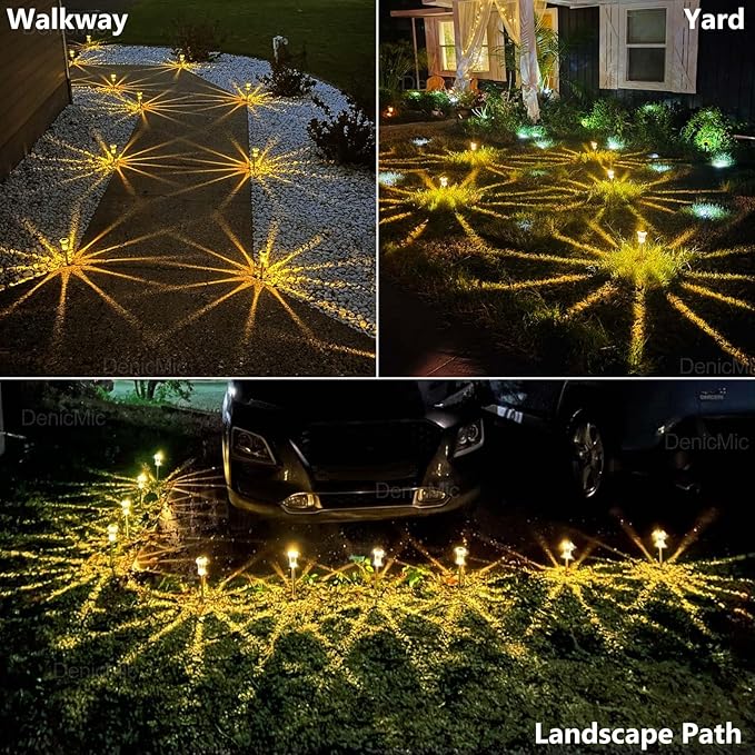DenicMic Solar Garden Lights Outdoor 15Pack 3000K Warm White LED Waterproof | Backyard Patio Landscape Pathway Garden Decor for Outside Diamond-like Style Starburst Light Pattern, Acrylic/Stainless Steel