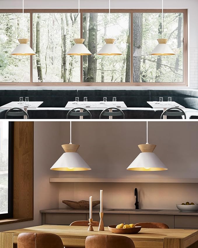 ELYONA 3 Pack Modern Pendant Light Fixtures Solid Wood Ceiling Hanging Lamp Matte White Metal & Gold Inner Finish Nordic Pendant Light for Farmhouse Kitchen Island Dining Room Bedroom Living Room