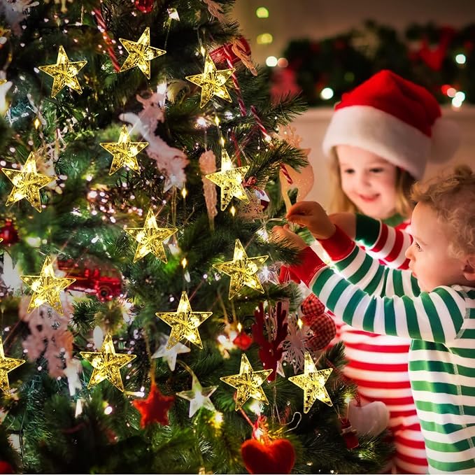 Christmas Window Lights, 76LEDs 9 Star Curtain Lights, Warm White&Multicolor, IP65 Waterproof, Timer & Memory Function, 8 Modes Indoor/Outdoor Decoration for Xmas, Birthday, Wedding, Bedroom