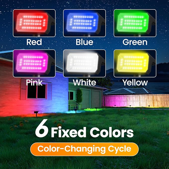 Fabrito Color Changing Solar Spot Lights Outdoor 8 Pack, [6+1 Lighting Modes] Auto On/Off RGB Spotlights, Waterproof Multicolor Landscape Lights for Garden, Tree, Halloween, Christmas