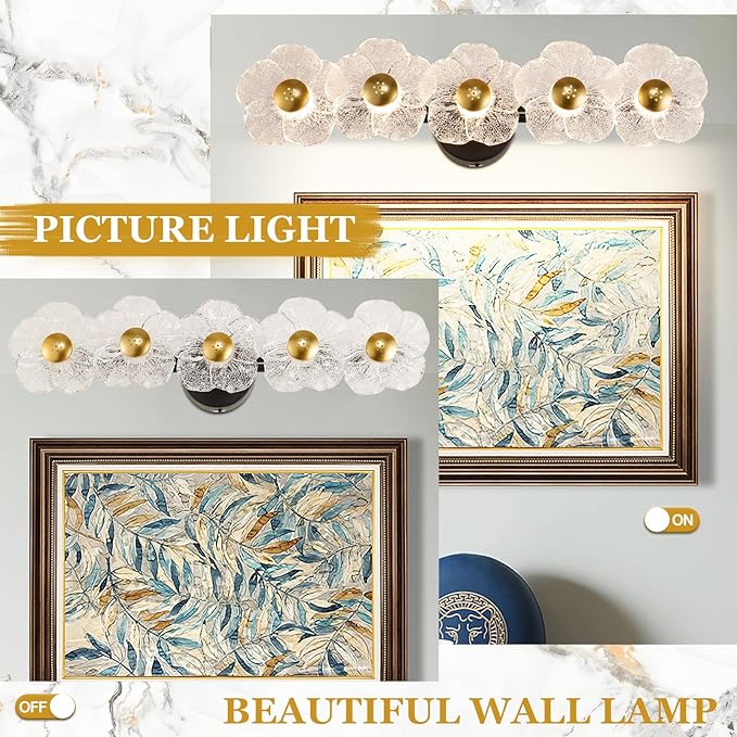 26.7" Black Bathroom Light Fixtures 5 Light Floral Bathroom Vanity Light, 3-Color Temperature Vanity Light Elegant Led Wall Lights Cordless Wall Sconces for Decor,Restroom,Livingroom,Bedroom