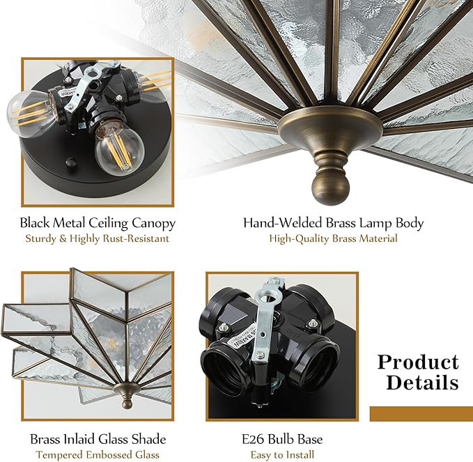 Star Brass Glass Ceiling Light - 19.5 in Black Bronze Hammered Large Flush Mount Fixture - Unique Art Deco Mid Century Vintage Moravian Lighting Lights for Bedroom Dining Foyer Living Room