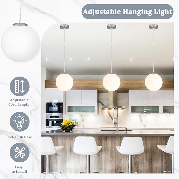 KoKo&Yukina 10 Inch Pendant Light Nickel Globe Pendant Lights Kitchen Island Mid Century Light Fixture Adjustable Globe Pendants Lights with Milky White Glass Shade for Dining Room Living Room