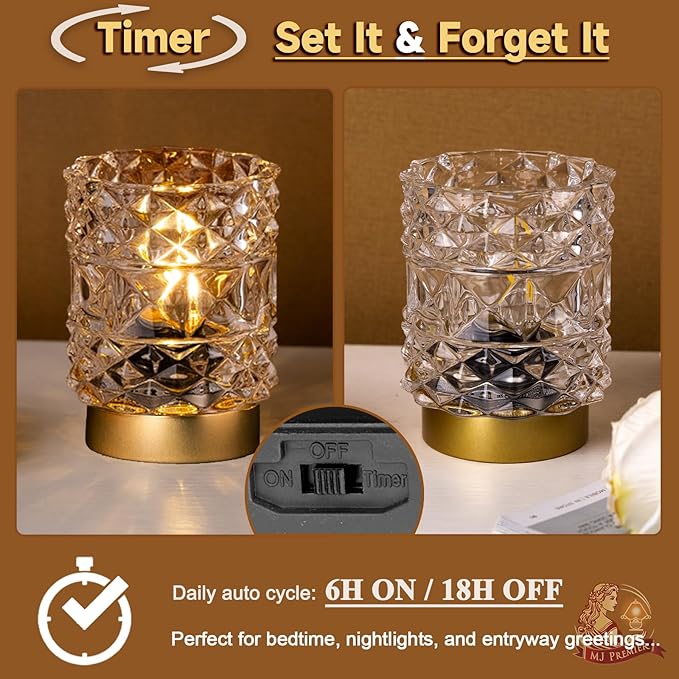 MJ PREMIER Battery Operated Lamp with Timer, Cordless Table Lamps for Shelf Decor, Rhombus Texture Aesthetic Crystal Lamp, Small Decorative Lamps for Bedroom/Bathroom/Kitchen/Entryway/Dorm (Clear)