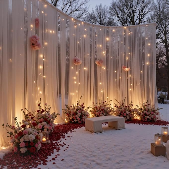 10×10ft White Tulle Backdrop Curtains with Lights String for Wedding Parties Sheer Backdrop Curtain Backdrop for Engagement Bridal Baby Shower Birthday Party Home Decoration 5ft×10ft, 2 Panels