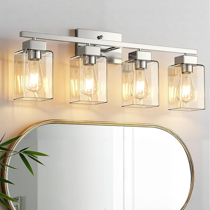 PARTPHONER 4-Light Bathroom Light Fixtures, Brushed Nickel Modern Vanity Lights, Bathroom Lighting Fixtures Over Mirror, Square Design Farmhouse Wall Sconces with Clear Glass Shades