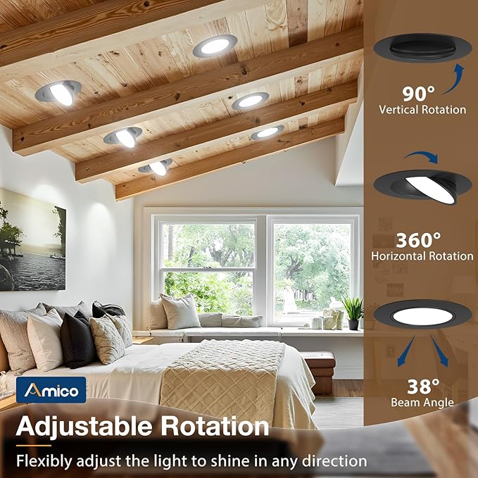 Amico 6 Pack 6 Inch 5CCT Gimbal LED Recessed Lighting, 360°&90° Adjustable Eyeball Directional Downlight, Dimmable, 2700K/3000K/3500K/4000K/5000K Selectable, CRI90+ 12W 1200LM, Black, ETL&FCC