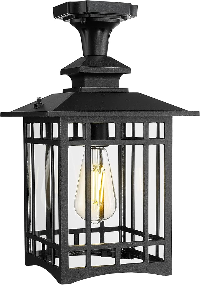 Emliviar Outdoor Semi Flush Mount Ceiling Light Fixture, 15.4 Inch Black Porch Light Ceiling Mount with Clear Glass for Proch, E26 Base Socket, XE309F-M BK